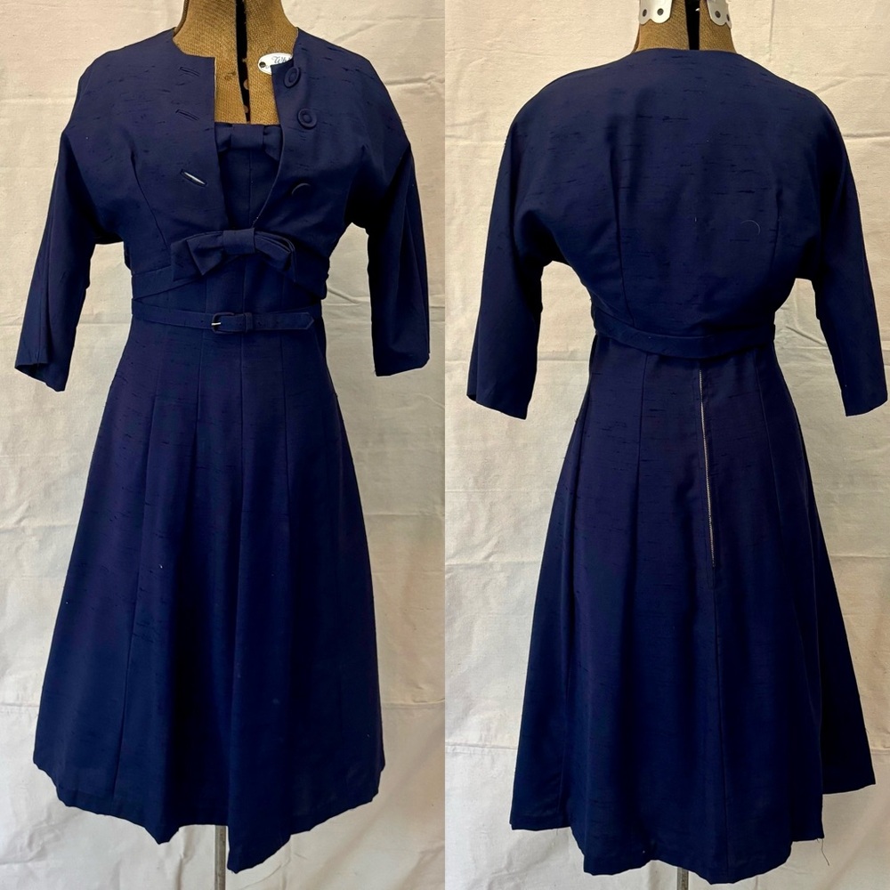 Vintage 60s Mod Navy Blue Textured Cotton Dress Suit Polka Dot Lining Jacket S